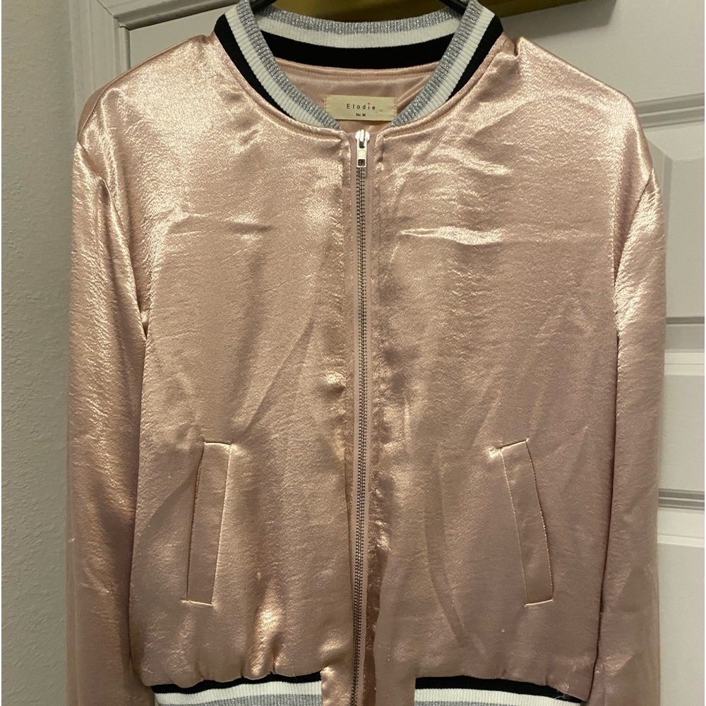 Elodie Women’s Metallic Bomber Jacket Blush Pink Full Zip Size M.